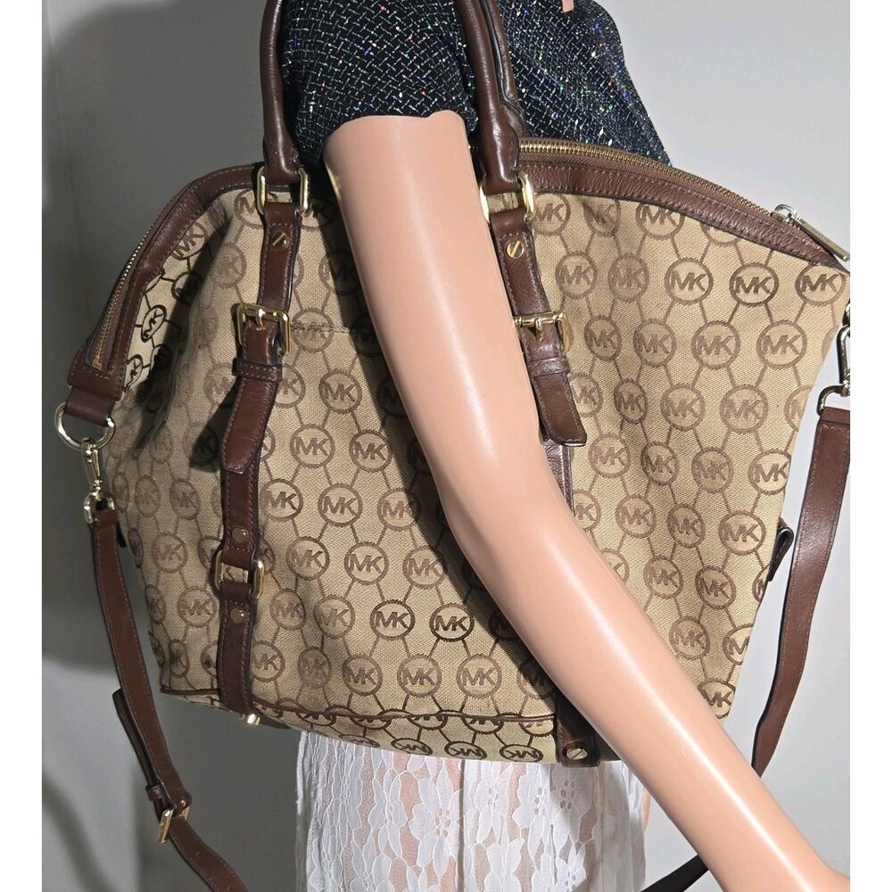 Michael Kors MK Logo Satchel Brown Monogram Bag Gold Tone Flawed/Worn Handles - Picture 2 of 15